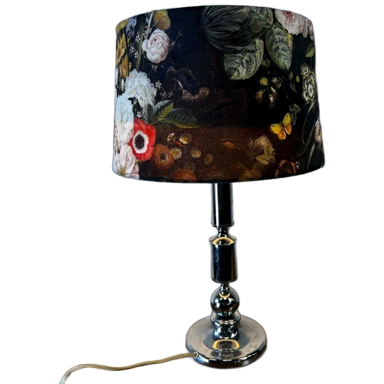 Vintage Chromen Tafellamp / Lampadaire Met Gebloemde Kap 1