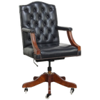 Tijdloze Zeer Donkerblauwe/ Zwarte Rundleren Chesterfield Bureaustoel Op Wieltjes thumbnail 1