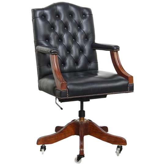Tijdloze Zeer Donkerblauwe/ Zwarte Rundleren Chesterfield Bureaustoel Op Wieltjes 1