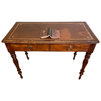 Magnifiek Bureau Werktafel Leer En Ingelegd Met Bladgoud 19e Eeuws Frans