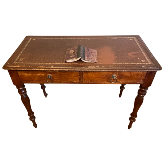 Magnifiek Bureau Werktafel Leer En Ingelegd Met Bladgoud 19e Eeuws Frans 1