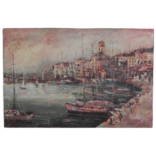 Schilderij Stadsgezicht Met Haven, Harry Dedic, Jaren 60 1