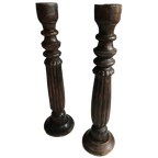 2 X Antieke Kaarsenstandaards Eiken Kerk thumbnail 1
