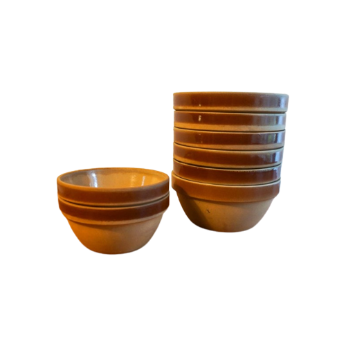Set Of Six Breakfast Bowls + 2 Small Gein Sandstone Grès Bowls With Red Stripe