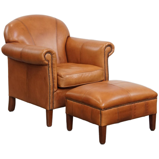 Mooie En Comfortabele Cognac-kleurige Rundleren Fauteuil/ Armchair + Hocker 1