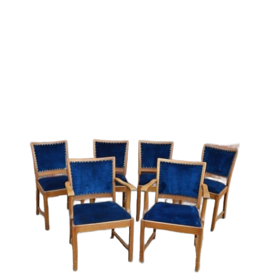 6 Vintage Eiken Stoelen Met Blauw Velours Zitting En Rugleuning 1