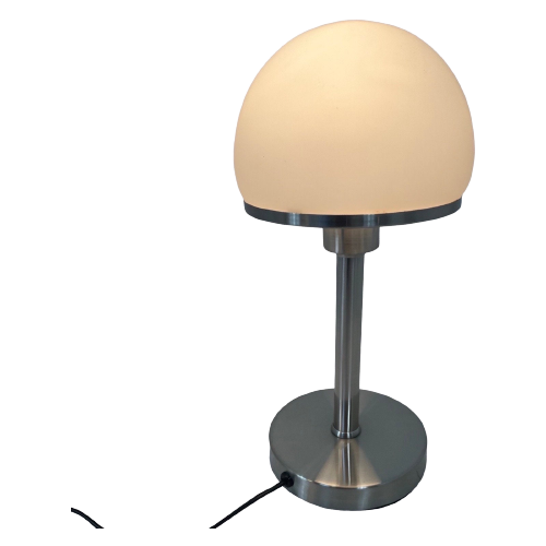 Bauhaus - Stainless Steel Table Lamp With Opaline Glass - In The Style Of Tecnolumen / Wagenfeld