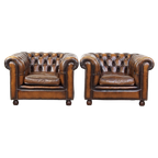 Set Van 2 In Goede Staat Verkerende En Luxe Klassieke Rundleren Engelse Chesterfield Fauteuils thumbnail 1