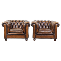 Set Van 2 In Goede Staat Verkerende En Luxe Klassieke Rundleren Engelse Chesterfield Fauteuils