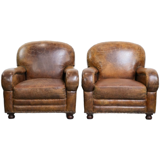 Charmante Vintage Set Van 2 Sierlijke En Comfortabele Generfde Rundleren Fauteuils Met Karakter 1