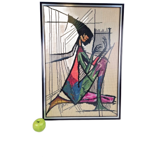Vintage Harpspeelster Wanddecoratie Borduurwerk Wall Art '70 1