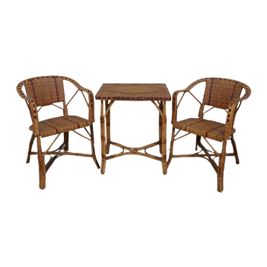 Mid-Century Bamboo Armchairs And Table, 1950S, Set Of 3 1