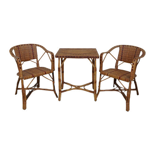 Mid-Century Bamboo Armchairs And Table, 1950S, Set Of 3