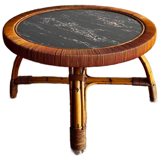 Rotan Bamboe Salontafel Met Marmer Look Vintage 1