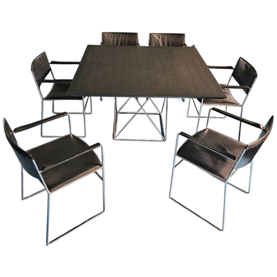 Arco Dining Set By Arnold Merckx With A Rare Arco Matching Table 1980s Black Leather / Black Top 1