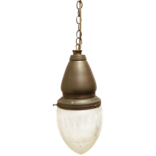 Antieke Hanglamp Brons En Geslepen Kristal Glazen Kap, Begin 1900. 1