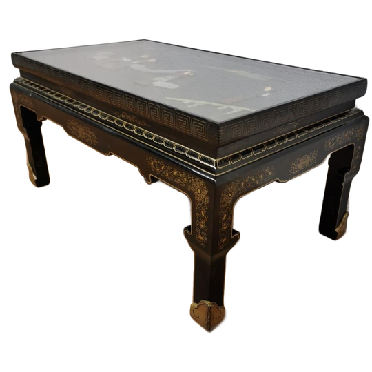 Vintage Chinese Oosterse Salontafel, Koffietafel, Tafel Met Hard Glas Blad 1