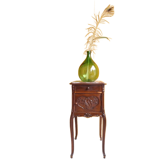 Antiek Nachtkastje Met Wit / Leverkleurig Marmer Blad 1