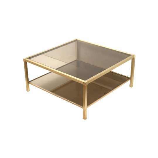 Grote Vintage Hollywood Regency Salontafel Van Messing En Rookglas Uit De Jaren ’70 1