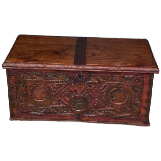 Polychrome Beschilderde Eikenhouten Bruidskistje 1