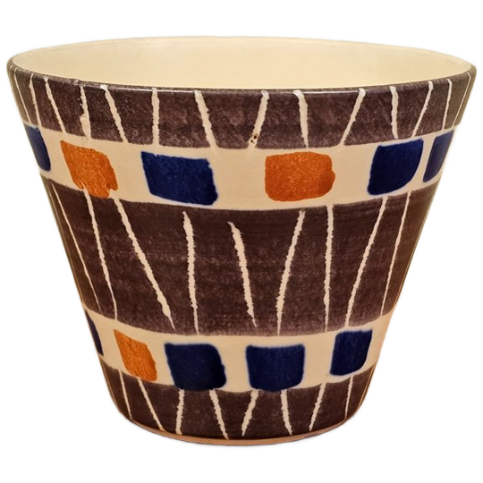 Vintage Bloempot Met Geometrisch Design Blauw Oranje 1