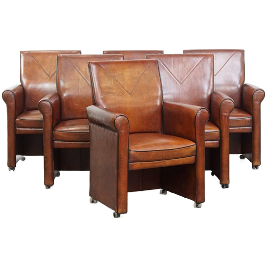 Karaktervolle Vintage Set Van 6 Schapenleren Eetkamerstoelen Met Zwarte Biezen Op Wieltjes 1