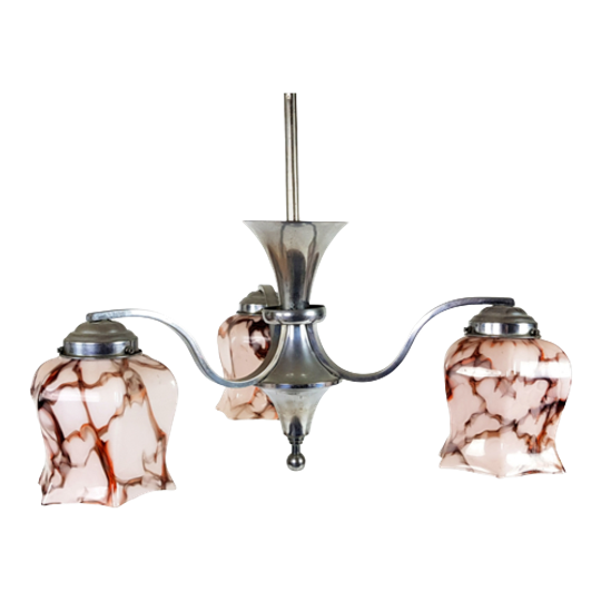 Dutch Design - Gispen Stijl - Hanglamp - Messing - Gemarmerd Glas - Art Deco - 30's 1