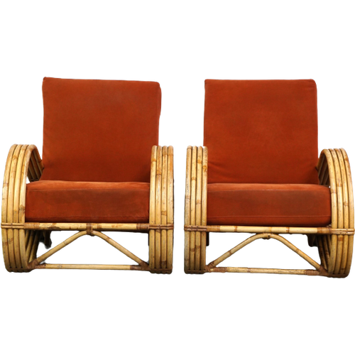 Luxe Vintage Rotan Design Set Fauteuils Met Geveerde Kussens Uit De Jaren ’50