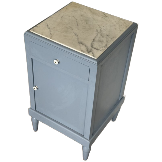 Vintage Nachtkastje Blauw Met Marmer Blad 1