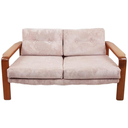 Vintage Teakhouten Bank Roze Ribstof | Lichtroze Bankje 1