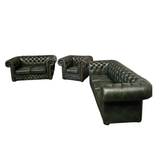 Chesterfield Brighton Antiek Groen – 1+2+3-zits Bankset Met Salontafel 1