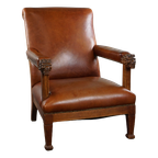 Statige Antieke Hollandse Fauteuil Met Leeuwenkoppen Opnieuw Bekleed Met Cognac Kleurig Rundleer thumbnail 1