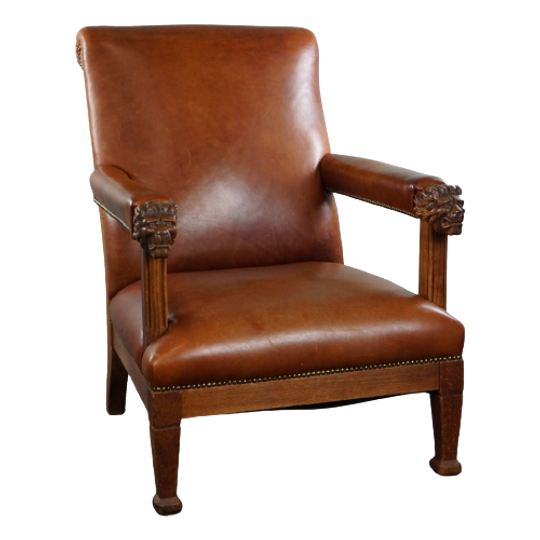 Statige Antieke Hollandse Fauteuil Met Leeuwenkoppen Opnieuw Bekleed Met Cognac Kleurig Rundleer 1