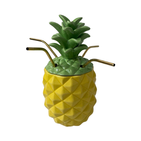 Vintage - Ceramic Tiki Mug - Pineapple Shaped - Including 4 New Brass Straws 1