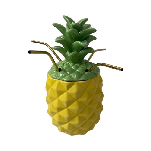 Vintage - Ceramic Tiki Mug - Pineapple Shaped - Including 4 New Brass Straws