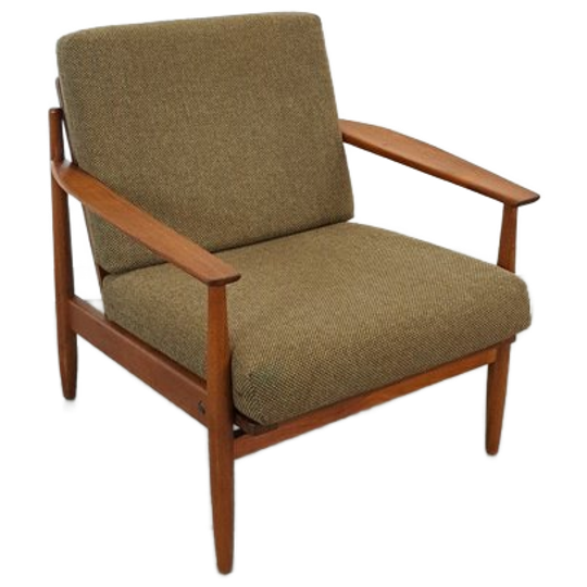 Teak Scandinavische Fauteuil Met Bruin Stoffen Kussens, Stoel 1 1