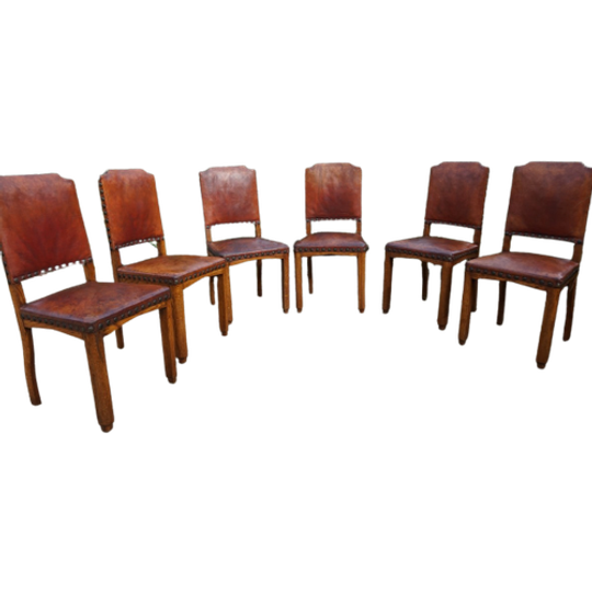 Set Van 6 Eiken Art Deco Eetkamerstoelen In Bruin Leer 1