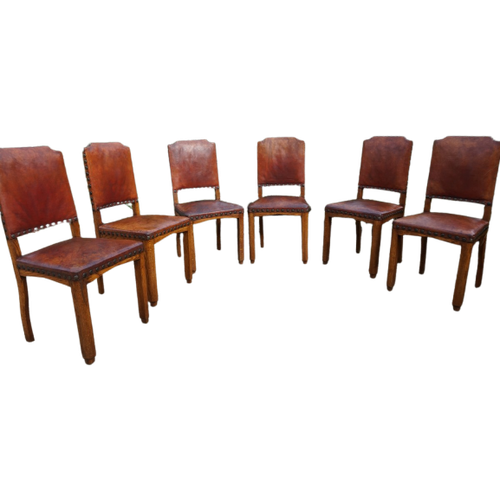 Set Van 6 Eiken Art Deco Eetkamerstoelen In Bruin Leer