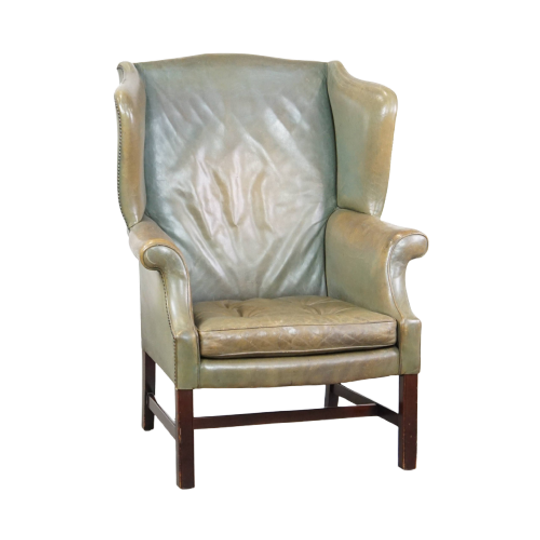 Unieke En Karaktervolle Groene Rundleren Oorfauteuil Met Een Mooi Patina En Correct Afgewerkt 1