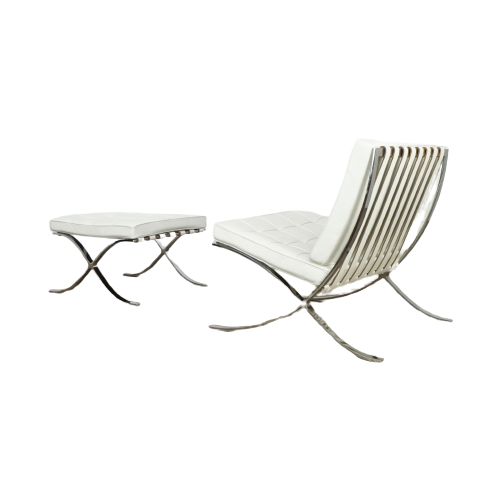 White Barcelona Lounge Chair And Ottoman By Mies Van Der Rohe For Knoll (Signed)