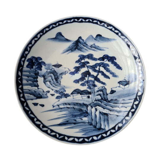 Mooi Japans Sierbord - Blauw En Wit Met Een Berglandschap 1
