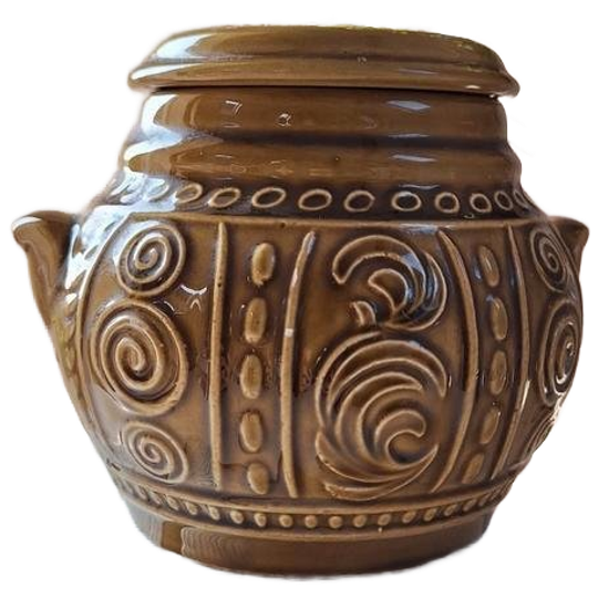 Vintage Voorraad Pot Met Deksel, Groen Bruin Met Reliëf Deco 1