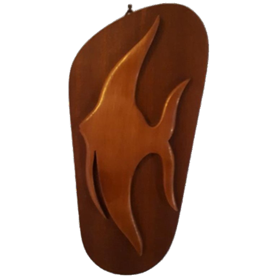 * 50's Teakhouten Wandplank Vintage Schilderijtje Maanvis 1