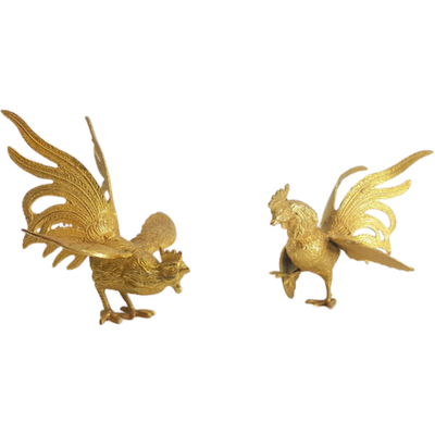 2 Vintage Hanen Goud Vogels Metaal ‘60 Fighting Roosters