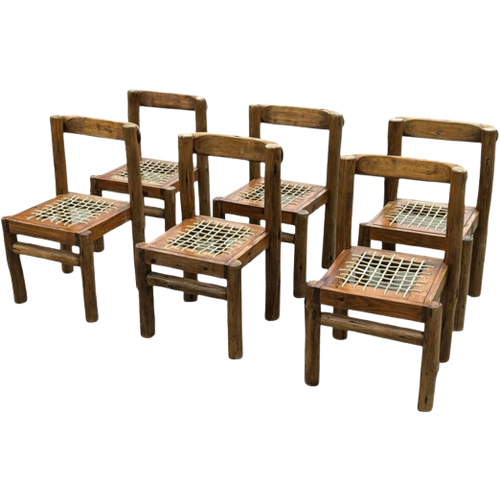 Vintage Brutalist Stoelen Hout Natuurlijk Japandi Set Van 6