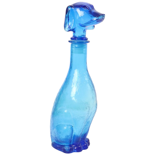 Grote Vintage Karaf Teckel Dashond Blauw Glas Empoli Italy 36cm 1