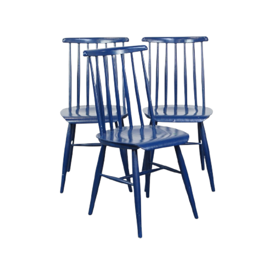 Set Van 3 Mooie Vintage Jaren ’60 Blauwe Houten Eetkamerstoelen/ Spijlen Stoelen 1