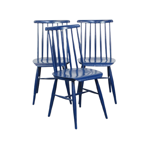 Set Van 3 Mooie Vintage Jaren ’60 Blauwe Houten Eetkamerstoelen/ Spijlen Stoelen