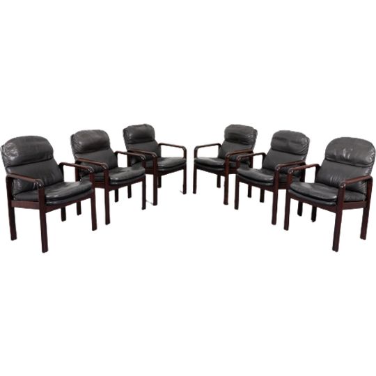 Set Of 6 Black Leather Armchairs / Fauteuil From Dyrlund, 1980’S Denmark 1