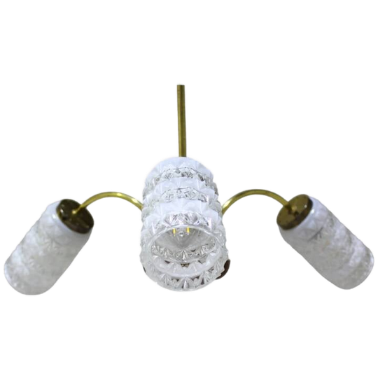 Vintage Plafondlamp - 3-armig, Messing, Glas Jaren '50/'60 1